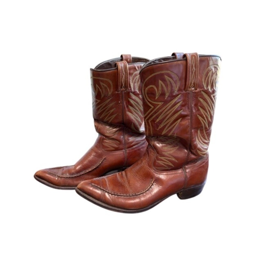 Vintage Dan Post Brown Leather Western Cowboy Boots Pointed Toe Stitched Mens 10
